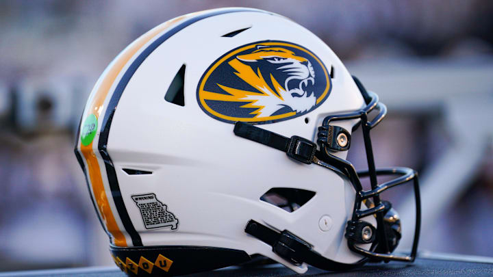 Sep 7, 2024; Columbia, Missouri, USA; A general view of a Missouri Tigers helmet against the Buffalo Bulls during the first half at Faurot Field at Memorial Stadium. Mandatory Credit: Denny Medley-Imagn Images