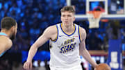 Feb 16, 2025; San Francisco, CA, USA; Candace’s Rising Stars forward Dalton Knecht (4) of the Los Angeles Lakers controls the ball against Shaq’s OGs during the 2025 NBA All Star Game at Chase Center. Mandatory Credit: Kyle Terada-Imagn Images