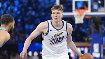 Feb 16, 2025; San Francisco, CA, USA; Candace’s Rising Stars forward Dalton Knecht (4) of the Los Angeles Lakers controls the ball against Shaq’s OGs during the 2025 NBA All Star Game at Chase Center. Mandatory Credit: Kyle Terada-Imagn Images
