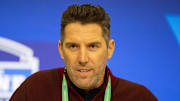 Feb 27, 2024; Indianapolis, IN, USA; Washington Commanders general manager Adam Peters talks to the media at the 2024 NFL Combine at Indiana Convention Center. Mandatory Credit: Trevor Ruszkowski-Imagn Images
