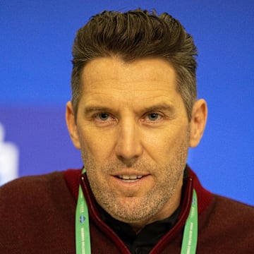 Feb 27, 2024; Indianapolis, IN, USA; Washington Commanders general manager Adam Peters talks to the media at the 2024 NFL Combine at Indiana Convention Center. Mandatory Credit: Trevor Ruszkowski-Imagn Images