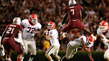 South Carolina football legend Jadeveon Clowney hurdling a blocker on his way to terrorize Georgia Bulldogs QB Aaron Murray