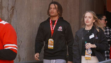 Recruit Jayvan Boggs watches Ohio State warm up before playing Penn State Oct. 21, 2023 at Ohio Stadium.