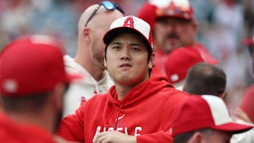 Sep 17, 2023; Anaheim, California, USA; Los Angeles Angels two-way player Shohei Ohtani (17) sits in