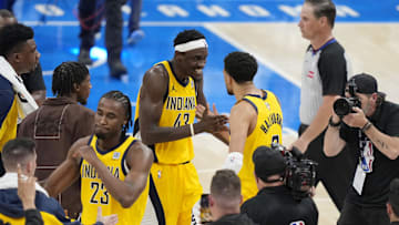 Indiana Pacers stars Pascal Siakam and Tyrese Haliburton after win against the Oklahoma City Thunder in the 2025 NBA Finals
