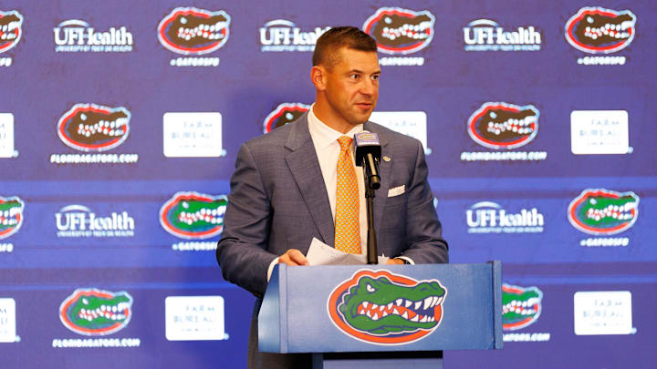 Dec 1, 2025; Gainesville, FL, USA; Florida Gators head coach Jon Sumrall talks during the press conference at the Heavener Football Training Center at the University of Florida. Mandatory Credit: Matt Pendleton-Imagn Images