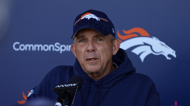 May 23, 2024; Englewood, CO, USA; Denver Broncos head coach Sean Payton addresses the media after organized team activities at Centura Health Training Center. Mandatory Credit: Isaiah J. Downing-USA TODAY Sports