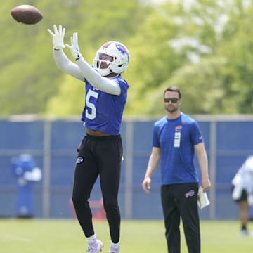 Jun 11, 2025; Orchard Park, NY, USA; Buffalo Bills wide receiver Joshua Palmer (5) makes a catch during Minicamp at Highmark Stadium. Mandatory Credit: Gregory Fisher-Imagn Images