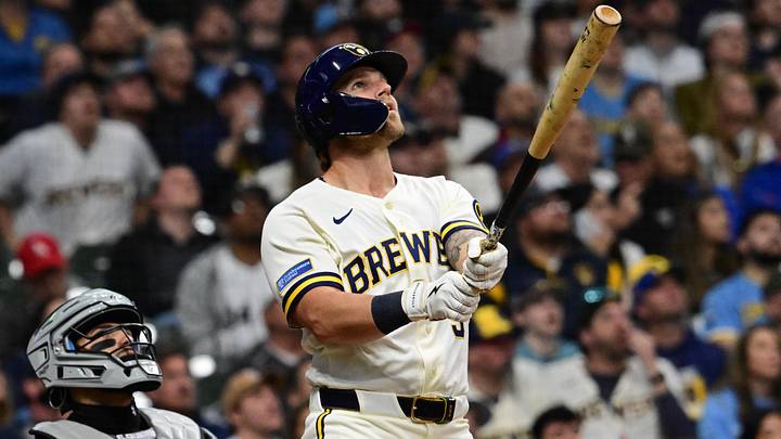 Mar 26, 2026: Milwaukee Brewers left fielder Jake Bauers (9) watchers after hitting a 3-run home run in the seventh inning against the Chicago White Sox at American Family Field. 