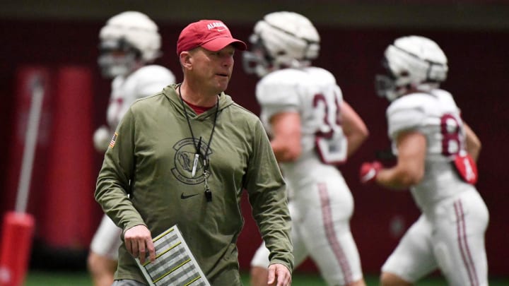 April 9, 2024; Tuscaloosa, Alabama, USA; Alabama head coach Kalen DeBoer coaches his team during practice in the Hank Crisp Indoor Practice Facility at the University of Alabama.