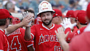 Aug 10, 2025; Detroit, Michigan, USA;  Los Angeles Angels first baseman Nolan Schanuel (18) celebrates with teammates after he hits a two run home run in the fifth inning against the Detroit Tigers at Comerica Park. Mandatory Credit: Rick Osentoski-Imagn Images