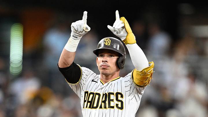 Aug 10, 2026; San Diego, California, USA; San Diego Padres catcher Freddy Fermin (54) gestures after hitting a double during the third inning against the Milwaukee Brewers at Petco Park. Mandatory Credit: Denis Poroy-Imagn Images