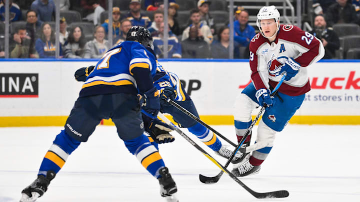 Apr 7, 2026; St. Louis, Missouri, USA; Colorado Avalanche center Nathan MacKinnon (29) controls the puck against the St. Louis Blues during the third period at Enterprise Center. Mandatory Credit: Jeff Curry-Imagn Images