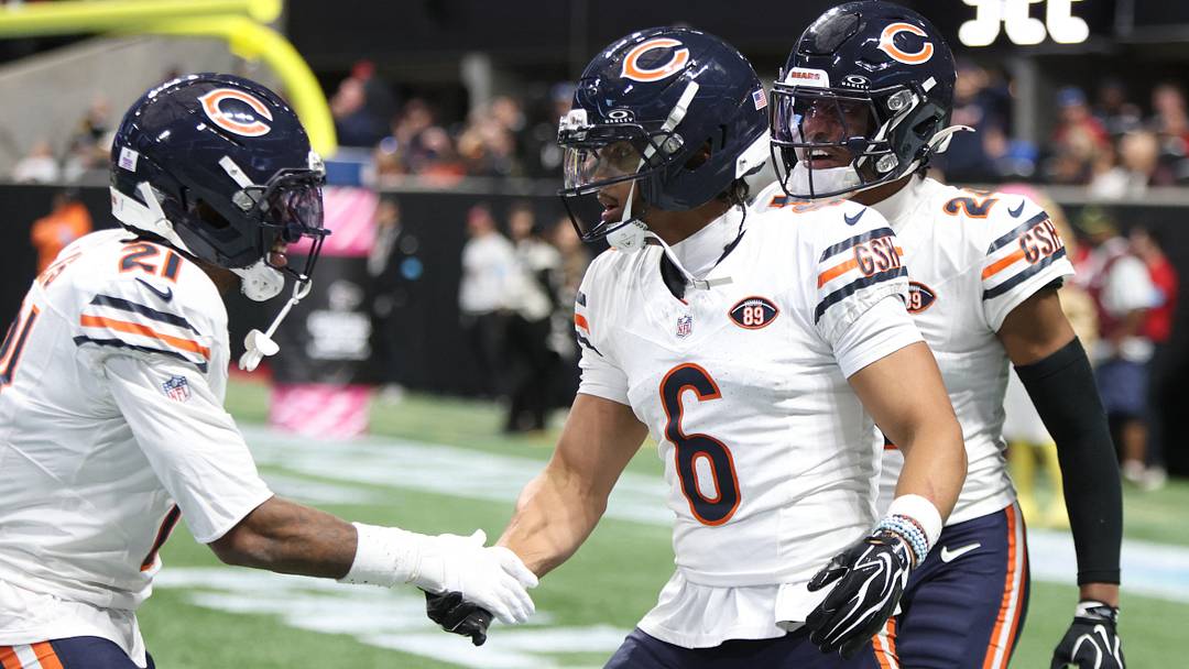 Oct 18, 2026; Atlanta, Georgia, USA;  Chicago Bears defensive back Cam Lewis (21) and defensive back Kyler Gordon (6) celebrate during the third quarter against the Atlanta Falcons at Mercedes-Benz Stadium.  Mandatory Credit: Brett Davis-Imagn Images