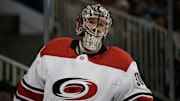 Carolina Hurricanes goalie Cam Ward in the game against the San Jose Sharks.