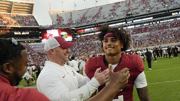 Oct 4, 2025; Tuscaloosa, Alabama, USA;  Alabama defensive back Zabien Brown (2) is congratulated as he leaves the field at Saban Field at Bryant-Denny Stadium. Alabama downed Vanderbilt 30-14. Mandatory Credit: Gary Cosby Jr.-Imagn Images