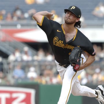 Jul 3, 2024; Pittsburgh, Pennsylvania, USA; Pittsburgh Pirates starting pitcher Jared Jones (37) delivers a pitch against the St. Louis Cardinals during the first inning at PNC Park.