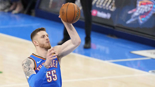 Oklahoma City Thunder center Isaiah Hartenstein (55) shoots the ball against the Indiana Pacers.