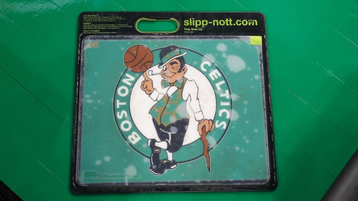 Nov 26, 2023; Boston, Massachusetts, USA; The Boston Celtics logo is seen on a Slipp Nott board before the game between the Boston Celtics and the Atlanta Hawks at TD Garden. Mandatory Credit: Winslow Townson-USA TODAY Sports