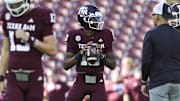 Texas A&M Aggies quarterback Marcel Reed (10) warms up before the game against the South Carolina Gamecocks at Kyle Field.