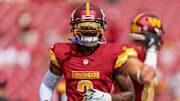 Sep 8, 2024; Tampa, Florida, USA; Washington Commanders wide receiver Dyami Brown (2) warms up before a game against the Tampa Bay Buccaneers at Raymond James Stadium. Mandatory Credit: Nathan Ray Seebeck-Imagn Images