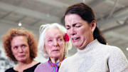 From left, Elin Schran, Tenley E. Albright and Nancy Kerrigan weep during a press conference at the Skating Club of Boston on Thursday, Jan. 30, 2025.