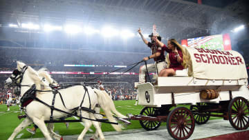 Dec 29, 2018; Miami Gardens, FL, USA; The iconic Oklahoma football Sooner Schooner takes a touchdown celebration ride in the 2018 Orange Bowl.