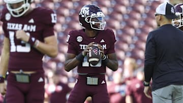 Texas A&M Aggies quarterback Marcel Reed (10) warms up before the game against the South Carolina Gamecocks at Kyle Field.