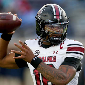 South Carolina Gamecocks quarterback LaNorris Sellers (16) passes the ball during warmups prior to the game against the Mississippi Rebels at Vaught-Hemingway Stadium. 
