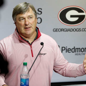 Georgia head coach Kirby Smart speaks to the media on the first day of spring practice in Athens, Ga., on Tuesday, March 12, 2024.