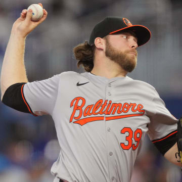 Jul 25, 2024; Miami, Florida, USA;  Baltimore Orioles pitcher Corbin Burnes (39) delivers in the first inning against the Miami Marlins at loanDepot Park. Mandatory Credit: Jim Rassol-USA TODAY Sports