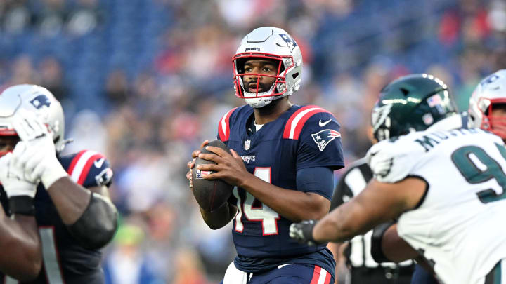 Aug 15, 2024; Foxborough, Massachusetts, USA; New England Patriots quarterback Jacoby Brissett (15) looks to pass against the Philadelphia Eagles during the first half at Gillette Stadium. Mandatory Credit: Brian Fluharty-USA TODAY Sports