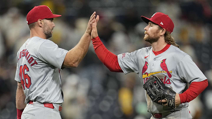 Apr 2, 2024; San Diego, California, USA; St. Louis Cardinals first baseman Paul Goldschmidt (left) and left field Brendan Donovan (33) celebrate after defeating the San Diego Padres at Petco Park. Mandatory Credit: Ray Acevedo-Imagn Images