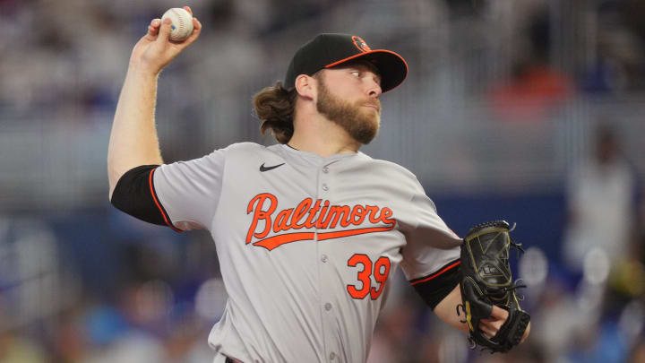 Jul 25, 2024; Miami, Florida, USA;  Baltimore Orioles pitcher Corbin Burnes (39) delivers in the first inning against the Miami Marlins at loanDepot Park. Mandatory Credit: Jim Rassol-USA TODAY Sports