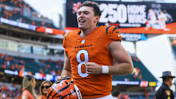 Sep 14, 2025; Cincinnati, Ohio, USA; Cincinnati Bengals punter Ryan Rehkow (8) runs off the field after the victory over the Jacksonville Jaguars at Paycor Stadium. Mandatory Credit: Katie Stratman-Imagn Images