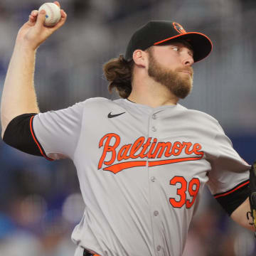 Jul 25, 2024; Miami, Florida, USA;  Baltimore Orioles pitcher Corbin Burnes (39) delivers in the first inning against the Miami Marlins at loanDepot Park.