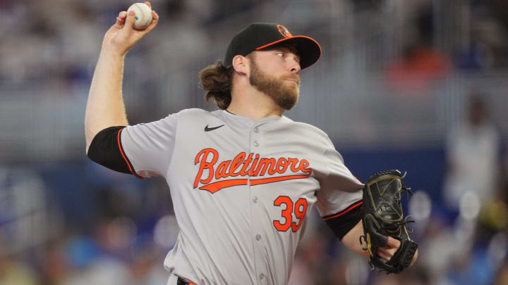 Jul 25, 2024; Miami, Florida, USA;  Baltimore Orioles pitcher Corbin Burnes (39) delivers in the first inning against the Miami Marlins at loanDepot Park.