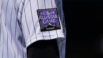 Apr 25, 2021; Denver, Detailed view of the 2021 MLB Allstar logo during the game between the Philadelphia Phillies against the Colorado Rockies at Coors Field. 