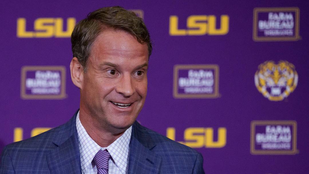 LSU Tigers head coach Lane Kiffin speaks at South Stadium Club at Tiger Stadium. 