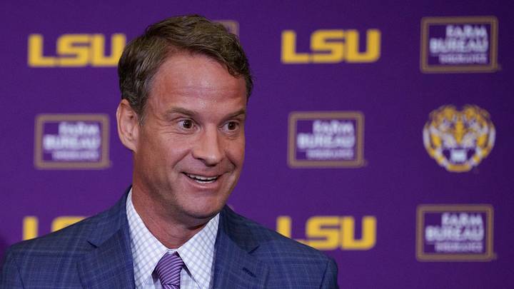 Dec 1, 2025; Baton Rouge, LA, USA; LSU new head coach Lane Kiffin speaks at South Stadium Club at Tiger Stadium. Mandatory Credit: Matthew Hinton-Imagn Images