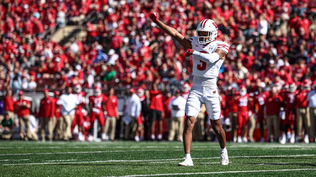 Oct 12, 2024; Piscataway, New Jersey, USA; Wisconsin Badgers cornerback Nyzier Fourqurean (3) celebrates after a defense stop during the first half against the Rutgers Scarlet Knights at SHI Stadium. Mandatory Credit: Vincent Carchietta-Imagn Images