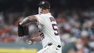 Jun 14, 2025; Houston, Texas, USA; Houston Astros starting pitcher Hunter Brown (58) delivers a pitch during the fifth inning against the Minnesota Twins at Daikin Park. 
