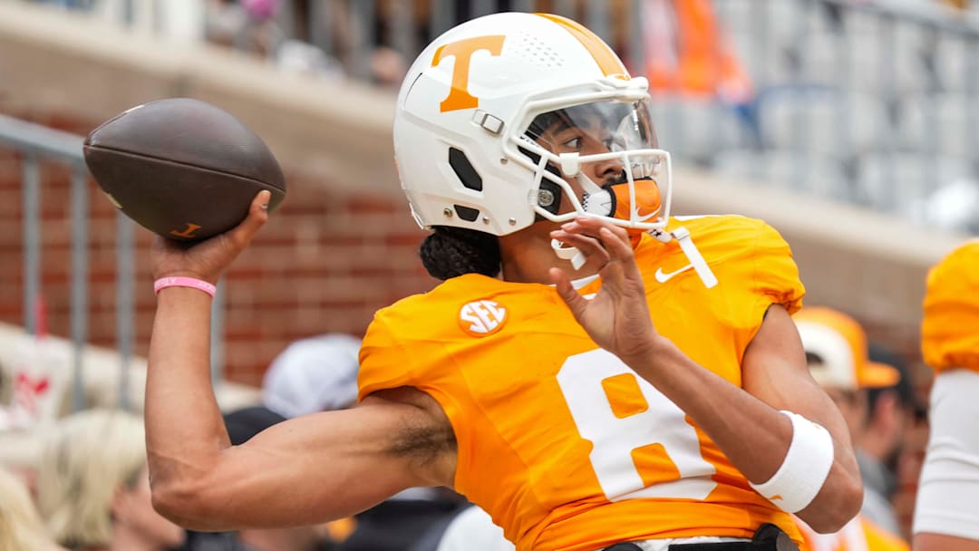 Nov 23, 2024; Knoxville, Tennessee, USA; Tennessee Volunteers quarterback Nico Iamaleava (8) throws a ball during warm-ups before a game against the UTEP Miners at Neyland Stadium. Mandatory Credit: Angelina Alcantar/USA TODAY Network via Imagn Images
