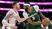 Oct 27, 2025; Dallas, Texas, USA; Dallas Mavericks forward Anthony Davis (3) looks to move the ball past Oklahoma City Thunder center Isaiah Hartenstein (55) during the second half at the American Airlines Center. Mandatory Credit: Jerome Miron-Imagn Images