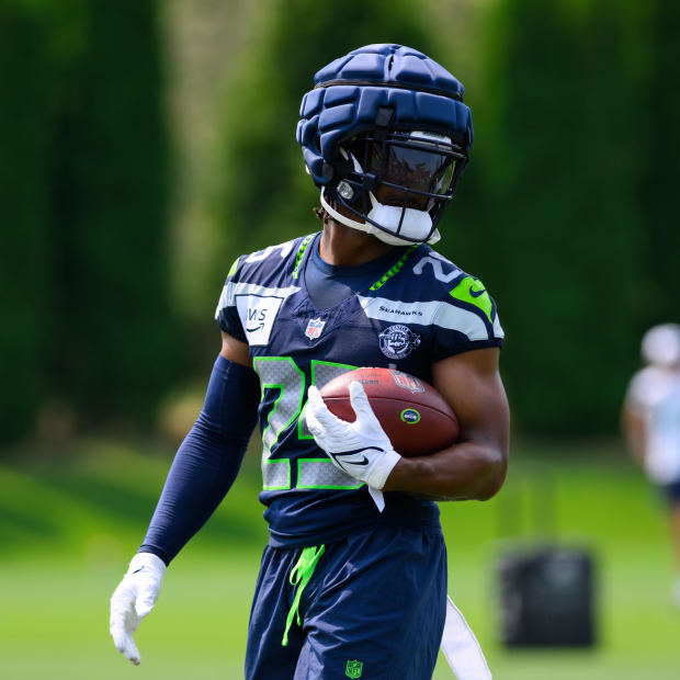 Seattle Seahawks running back Kenny McIntosh (25) during training camp at Virginia Mason Athletic Center.