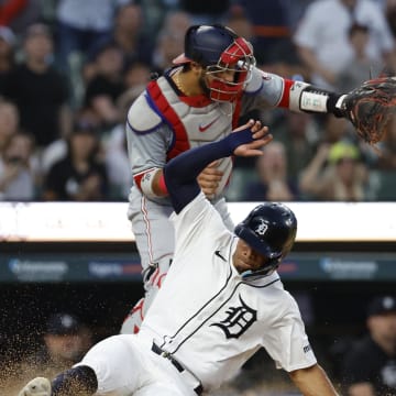 Detroit Tigers center fielder Wenceel Perez (46) slides in safe at home in the eighth inning against the Washington Nationals at Comerica Park on June 12.