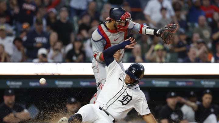 Detroit Tigers center fielder Wenceel Perez (46) slides in safe at home in the eighth inning against the Washington Nationals at Comerica Park on June 12.