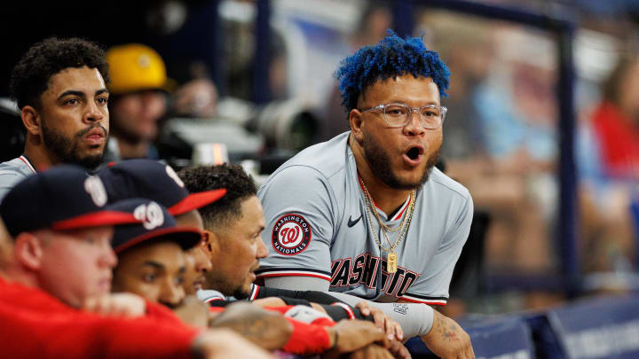 Jun 28, 2024; St. Petersburg, Florida, USA;  Washington Nationals outfielder Harold Ramirez (43) looks on from the dugout against the Tampa Bay Rays in the ninth inning at Tropicana Field.