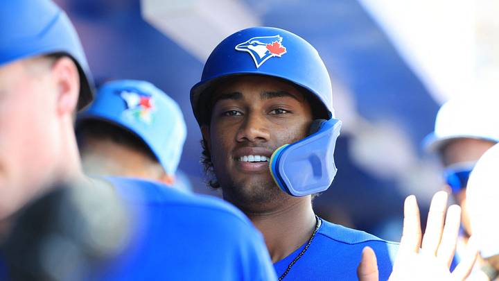 Mar 3, 2026; Dunedin, FL, USA; Toronto Blue Jays shortstop Arjun Nimmala (18) scores a run during the second inning against Team Canada at TD Ballpark. Mandatory Credit: Kim Klement Neitzel-Imagn Images