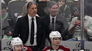 May 3, 2025; Dallas, Texas, USA; Colorado Avalanche head coach Jared Bednar and a fan dressed as Bednar look on during the second period against the Dallas Stars in game seven of the first round of the 2025 Stanley Cup Playoffs at American Airlines Center. Mandatory Credit: Jerome Miron-Imagn Images